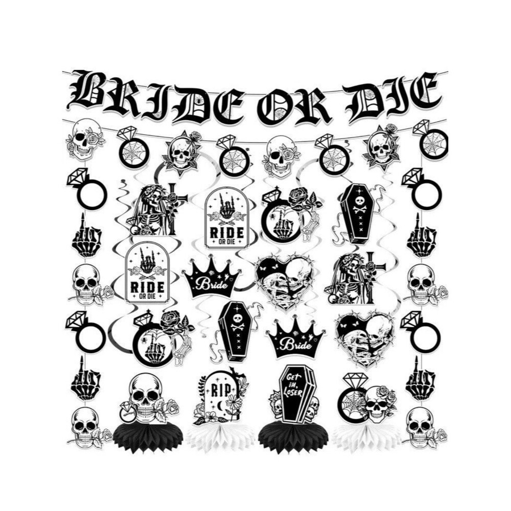 Bride or Die Bachelorette Party Decorations, Banners Black/White Honeycomb